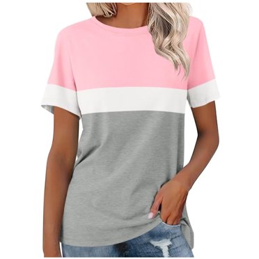 AKOEE Cotton T-Shirts Womens Color Block Crew Neck Tee Shirt Loose Fit Short Sleeve Summer Casual Tunic Tops (5XL, Pink)