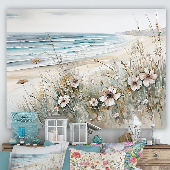 Designart green Canvas wall art, Wildflowers Wall Art, Seaside Wildflower Beauty , Wildflowers Wall art decor, 32x16 inches