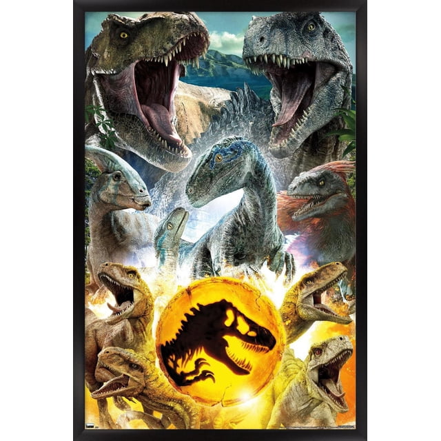 Jurassic World: Dominion - Group Wall Poster featuring a collage of dinosaurs including two large open-mouthed Tyrannosaurus rex and several Velociraptors surrounding a glowing orange emblem with a black T. rex skeleton silhouette, set against a mountainous background. This glossy wall art print is suitable for decorating bedrooms, offices, or dorm rooms.