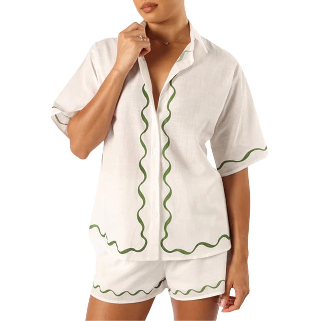 Gupgi Women Graphic 2 Piece Outfit Short Sleeve Button Down Shirt Lounge Shorts Sets Summer Beach Wear