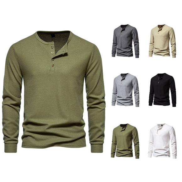 DDAPJ pyju Mens Waffle Knit Henley Shirt Long Sleeve 4 Button T-shirt Lightweight Casual Work Shirts Solid Comfy Textured Shirt Back to College Sale Army Green S