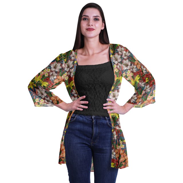 Moomaya Boléro en Georgette Imprimée à Volants, Ourlet Tombant, Couvre-Maillot de Plage pour Femmes