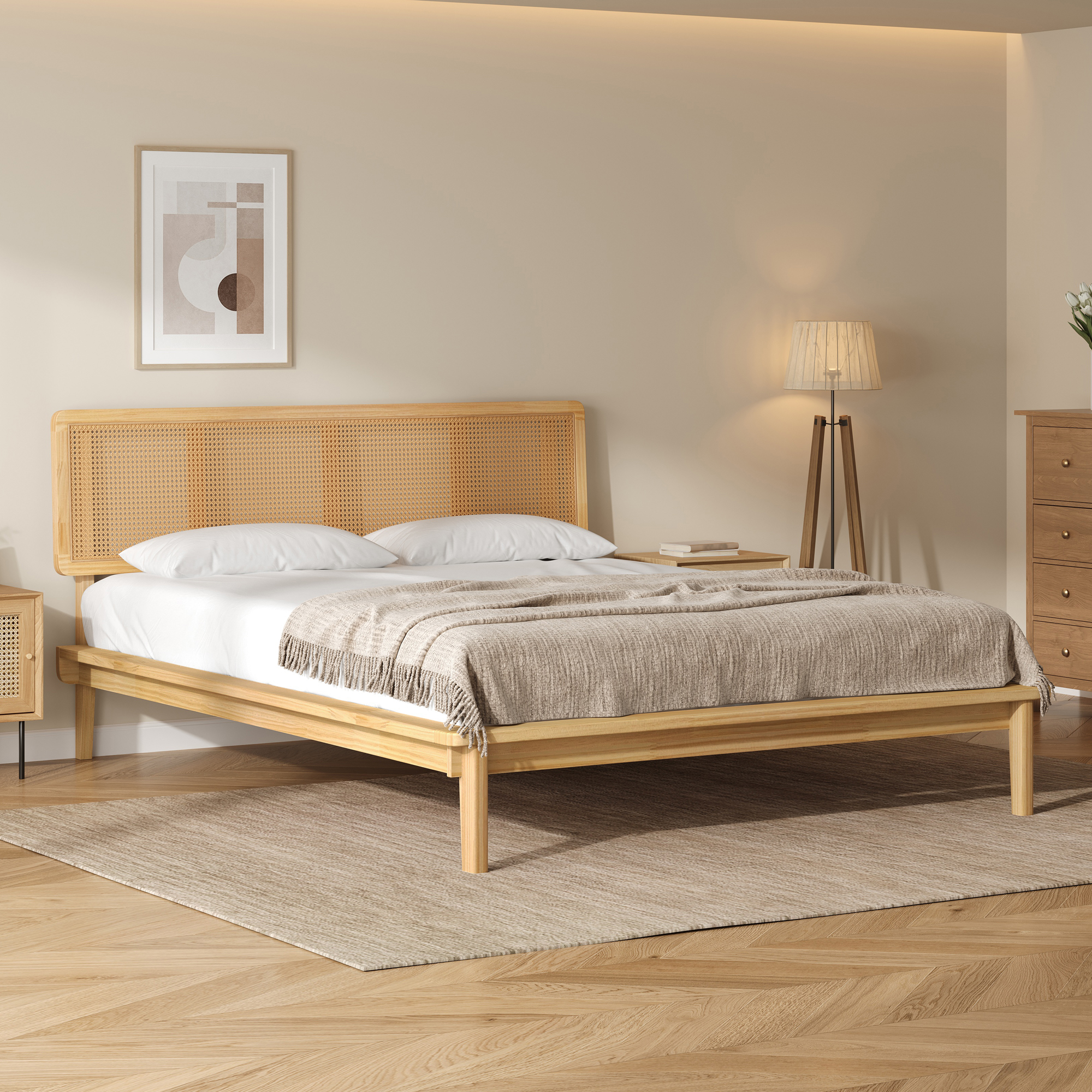 Noble House Modern Rattan Platform Bed,Cane Headboard & Footboard with Natural Woven Panels,Mid-Century Bed Frame,Walnut