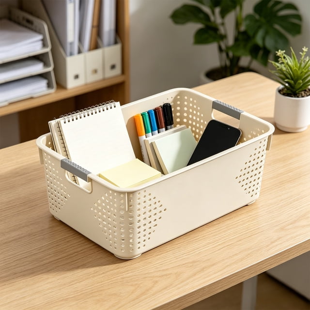 Kmonabie Upgraded Stackable Storage Bins with Handle, White Plastic Organizer Containers for Kitchen Pantry Bathroom Cabinet Drawer Wardrobe Organization
