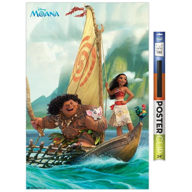Disney Moana - Group Wall Poster, 22.375" x 34", depicting animated characters on a traditional Polynesian sailing canoe with a tan sail marked by a red spiral, set against blue ocean waves and green misty mountains, printed on glossy photo art paper with included 24" poster clip hanger, ideal for decorating bedrooms, offices, or dorm rooms.