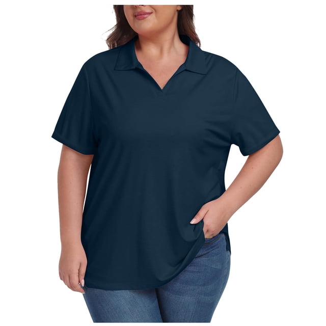 Timegard Hauts pour Femmes Grande Taille Col à Revers Col en V Manches Courtes T-Shirts Basiques Confortables Hauts Décontractés Amples