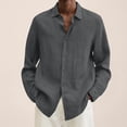 thumbnail image 2 of Polos pour Hommes Été Coton Lin Uni Ample Col Rabattu Manches Longues Hauts Masculins Gris Foncé L, 2 of 5