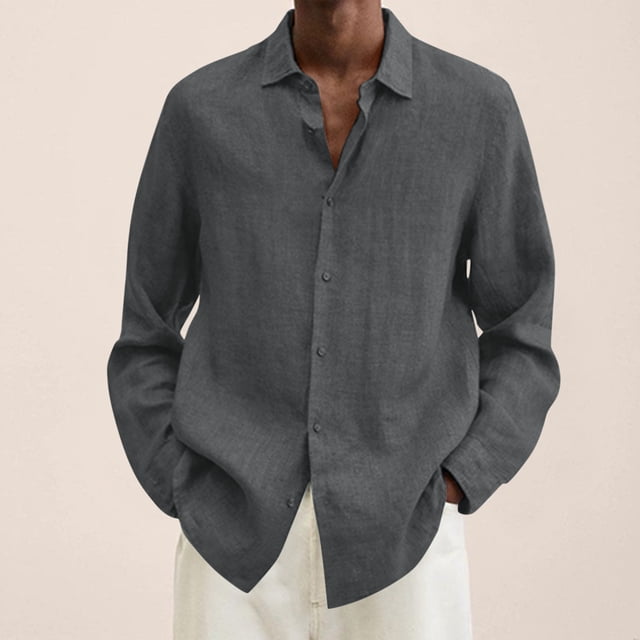 EGNMCR Chemises à Manches Longues pour Hommes Automne Mode Décontractée Couleur Unie Bouton Col Rabattu Hauts Blouse Confortable Coton Chemises de Travail de Bureau