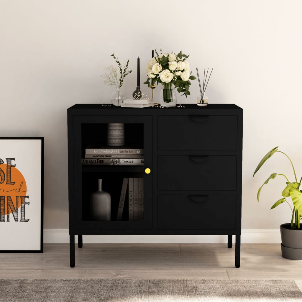 vidaXL Buffet Noir 75x35x70 cm Acier et Verre Trempé
