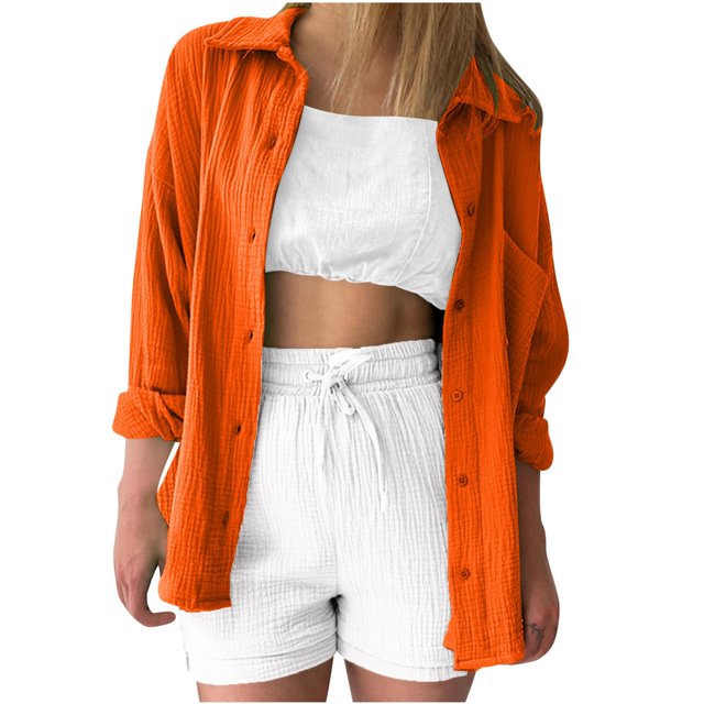 Yuyuzo Button down Shirts for Women Long Sleeve Collared Casual Loose Textured Oversized Blouses