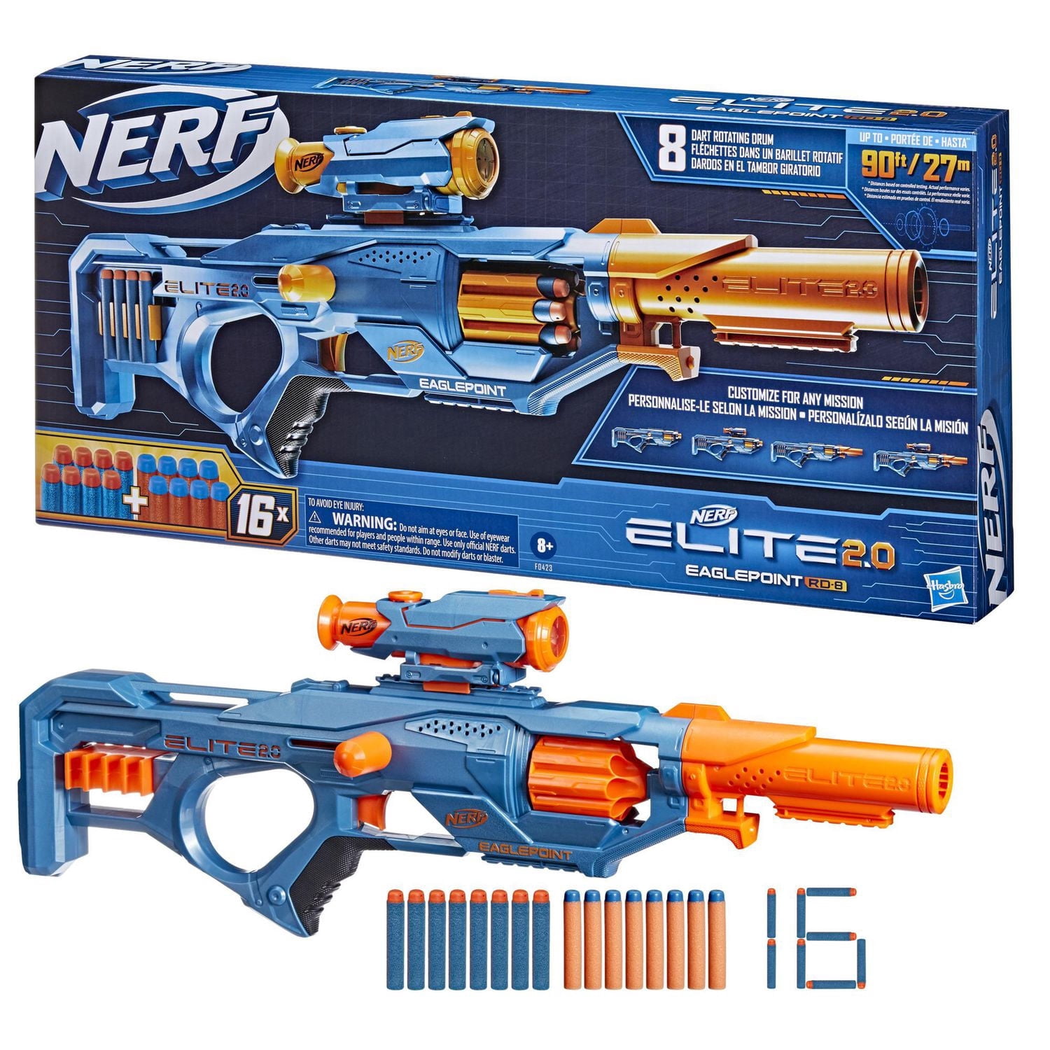 Nerf Elite 2.0, blaster à fléchettes Eaglepoint RD-8, barillet 8 fléchettes, viseur et canon Nerf, 16 fléchettes Elite, jouets d'extérieur