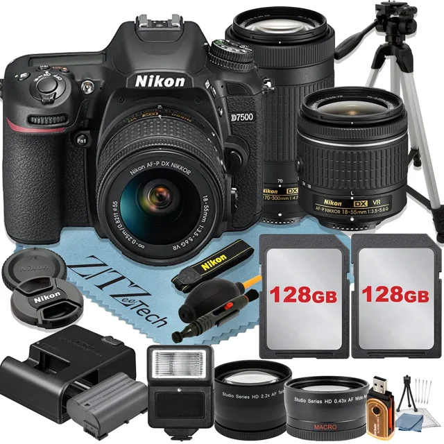 Nikon D7500 DSLR Camera with 18-55mm + 70-300mm Lens + 2 Pcs 128GB Memory Cards + Tripod + Wideangle + Flash + ZeeTech Accessory Bundle