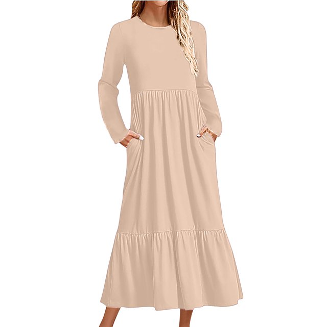 Penkiiy Robe Décontractée pour Femme à Manches Longues, Col Ras du Cou, Coupe Évasée, Robe Longue Fluide à Étages pour la Plage avec Poches, G Kaki