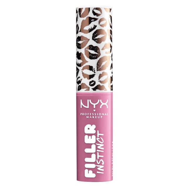 NYX Professional Makeup Filler Instinct Plumping Lip Colour in a pink tube with white text and a white cap decorated with brown and black lip prints, a semi-sheer lipstick that hydrates and plumps lips for a shiny finish.