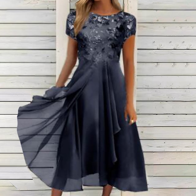 EGNMCR Robes de Soirée pour Femmes, Robes Formelles pour Femmes, Robes de Cocktail pour Femmes Femmes Unies à Manches Courtes Col Rond Dentelle Mousseline Maille Taille Robes de Fête Jupe en Mousseline pour Femmes