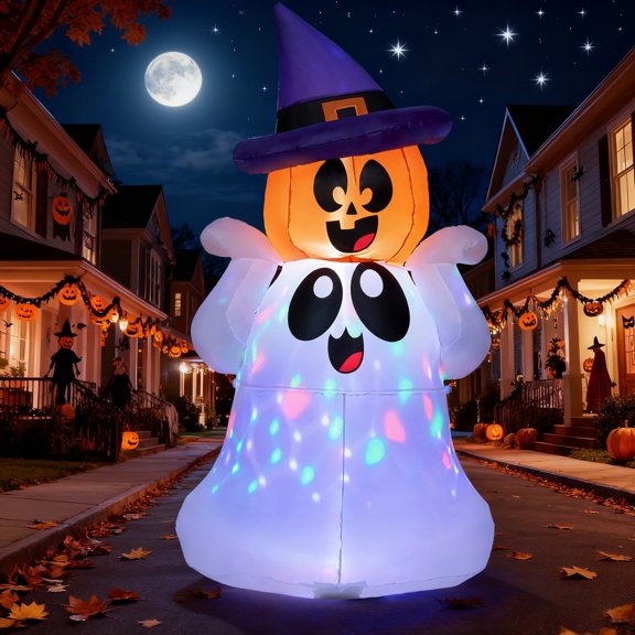 Joyfy Citrouille Fantôme Gonflable d'Halloween de 5 Pieds avec Lumières DEL Colorées, Décoration d'Halloween Mignonne à Gonfler pour Décoration de Cour Intérieure Extérieure pour les Fêtes