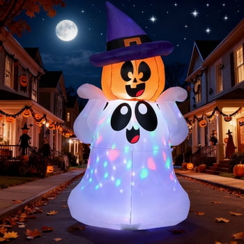 Joyfy Citrouille Fantôme Gonflable d'Halloween de 5 Pieds avec Lumières DEL Colorées, Décoration d'Halloween Mignonne à Gonfler pour Décoration de Cour Intérieure Extérieure pour les Fêtes