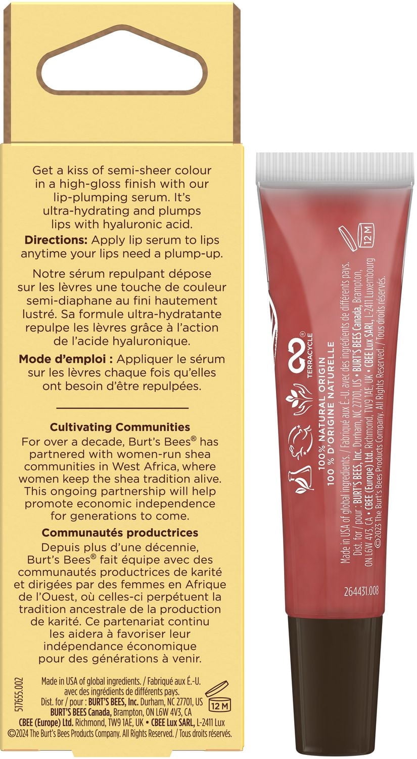Sérum repulpant pour les lèvres au karité de Burt’s Bees avec acide hyaluronique en teinte Rose, produit de soin d’origine naturelle pour les lèvres, 1 tube