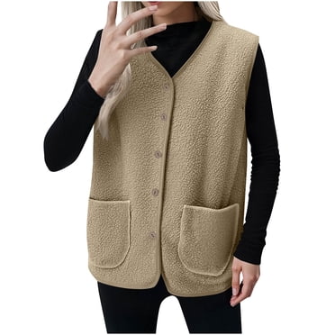 Mceream Fleece Vest for Women Trendy Button Down V Neck Sherpa Vest Soft Comfy Warm Sleeveless Winter Fleece Jacket with Pockets Plus Size Outwear Chamarras Para Mujer Para El Frio Khaki XXL
