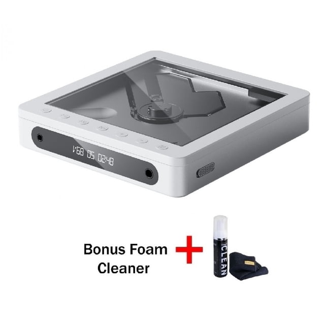 FiiO DM13 BT Portable CD Player with Bluetooth and Bonus Gadget Cleaner Included in White Skylight. The compact player features a transparent top panel showcasing the CD mechanism, a digital display, and control buttons on the front. It supports aptX HD, SBC, and aptX Low Latency codecs for Bluetooth headphones and speakers, as well as 3.5mm single-ended and 4.4mm balanced outputs for wired headphones. Includes a bonus foam cleaner and cleaning cloth.
