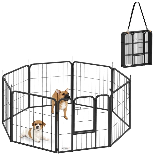 PawHut Parc pour Chien Robuste de 24 Pouces, Parc pour Animaux Portable Pliable à 8 Panneaux, Parc pour Animaux à l'Avant avec 8 Panneaux en Acier Résistant à la Rouille, 24 Pouces (60 cm) de Hauteur; configurable en rectangle Ou Carré, Pliable avec Courroie Ajustable et 8 Piquets de Sol, Porte avec Loquet Sécurisé de 10,6 Pouces x 15,9 Pouces, Convient aux Petits Chiens et Est Souvent Utilisé pour Contenir des Chiots pendant le Toilettage.