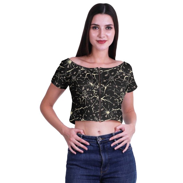 Moomaya Printed Viscose Crop Top Short Sleeve Zipper Tunic Womens Summer Tops