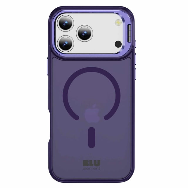 Blu Element Étui Chromatique Kick MagSafe Violet Profond pour iPhone 17 Pro avec Dos en Acrylique Violet Profond semi-transparent et Anneau d'Alignement Circulaire Compatible MagSafe, Bords au Toucher Doux Absorbant les Chocs, et Découpes Précises pour le Système à triple Caméra, le flash et le microphone. l'Étui Mince et Résistant aux Impacts Comprend des Boutons Hyper Réactifs et un Béquille Dépliable Intégrée Idéale pour l'Affichage Paysager Mains Libres.