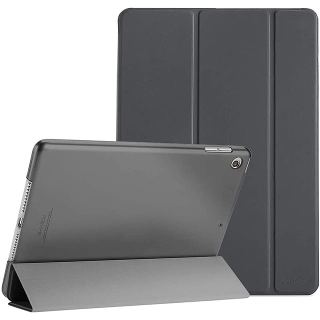 ProCase iPad 10.2 Case for iPad 9th Generation 2021, iPad 8th Generation 2020, and iPad 7th Generation 2019. Slim, grey hard back shell protective smart cover with a tri-fold front design for dual standing positions. Features precise cutouts for buttons, speakers, and cameras, and supports sleep/wake functionality. Lightweight and translucent frosted back for added protection against scratches and fingerprints.