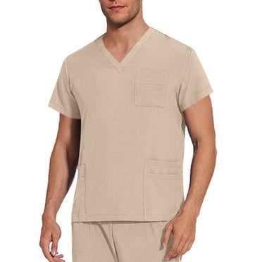 Amzcrzy Sarraus pour Hommes Couleur Unie Col en V Hauts de Sarrau Mode Manches Courtes Tenue de Travail Sarraus d'Infirmier avec Poches