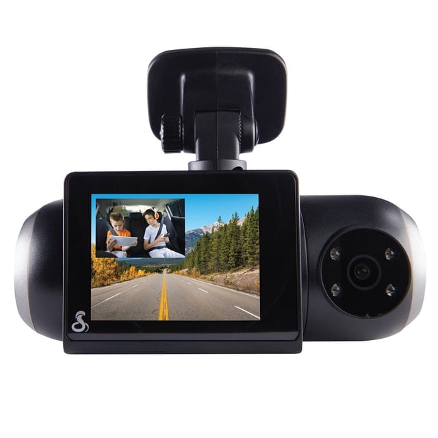 Cobra SC 201 Dual-View Smart Dash Cam with Built-In Cabin View in black, showing a 2-inch LCD screen displaying a dual view of a clear highway road with trees and mountains, and an inset of the vehicle's interior cabin. The dash cam includes a front-facing camera with infrared night vision and a windshield suction mount.