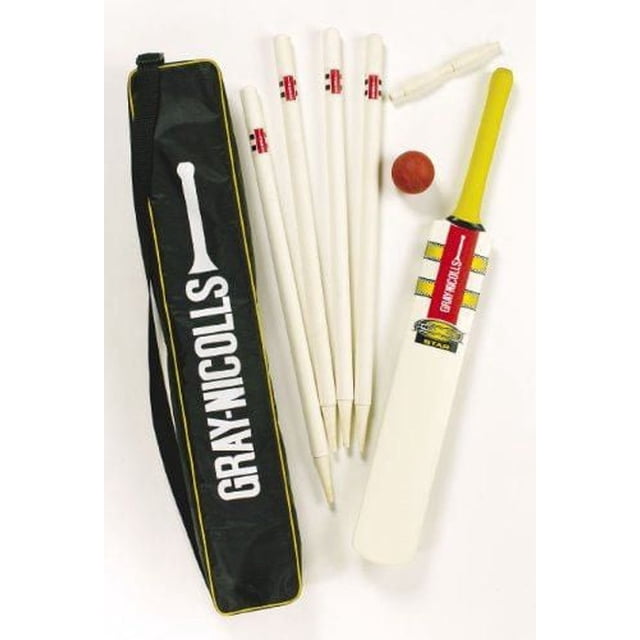 Gray Nicolls T20 Size 4 Cricket Set with a wooden powerbow bat featuring a yellow handle, a heavy tennis ball, four white stumps with red markings, two white bails, and a black carrying case branded Gray Nicolls, suitable for kids' cricket and portable team sports practice.