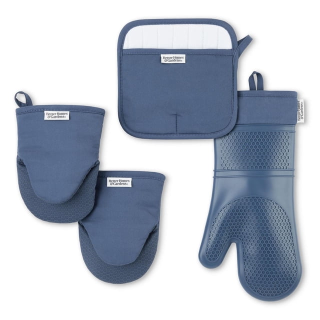 Better Homes & Garden Oven Mitt, Pot Holder, Mini Mitt Set, 4 Pieces in blue, including one full-size oven mitt with textured silicone grip, one quilted pot holder with white cotton interior, and two mini mitts with silicone grip, all with fabric loops for hanging and easy storage.