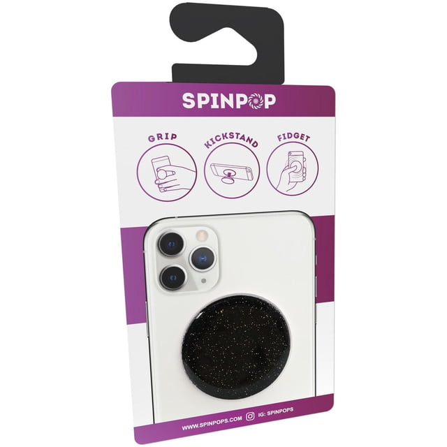 SpinPop Black with Gold Glitter Gel Overlay phone grip attached to the back of a white smartphone in retail packaging, showing its function as a phone holder, kickstand, and fidget accessory with purple and white branded card backing.