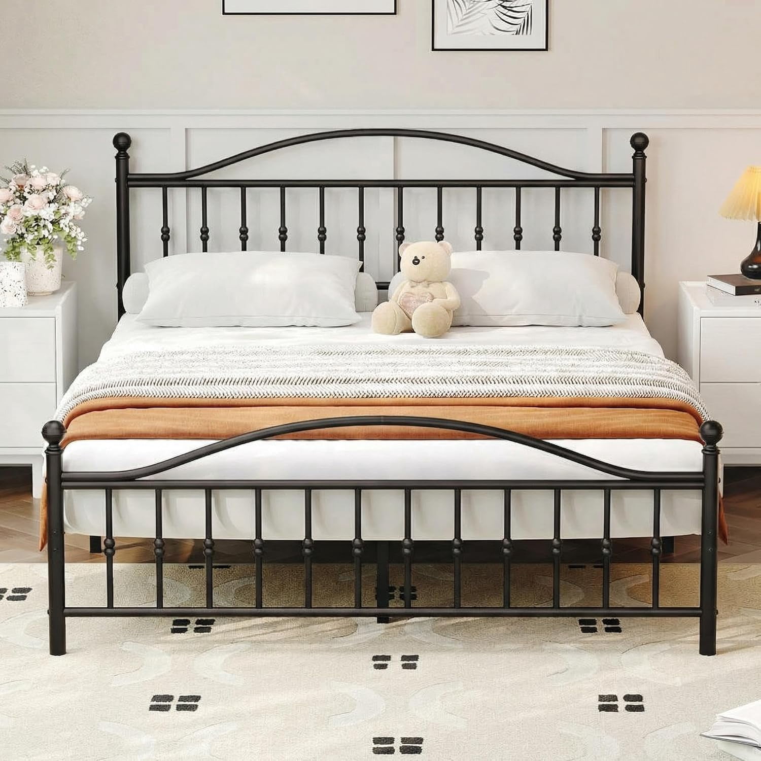 Queen Size Metal Platform Bed Frame with Victorian Style Wrought Iron-Art Headboard and Footboard,Mattress Foundation,Under Bed Storage,Noise Free,Easy Assembly,No Box Spring Required,Black