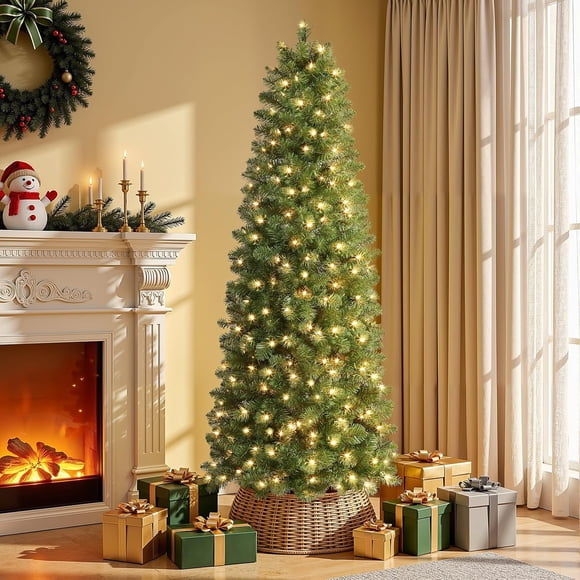 Lolsea Arbre de Noël Artificiel Mince en Forme de Crayon de 6,5 Pi Prééclairé avec Lumières Blanc Chaud, Extrémités à Branches Complètes, Choix Parfait pour la Décoration des Fêtes de Noël