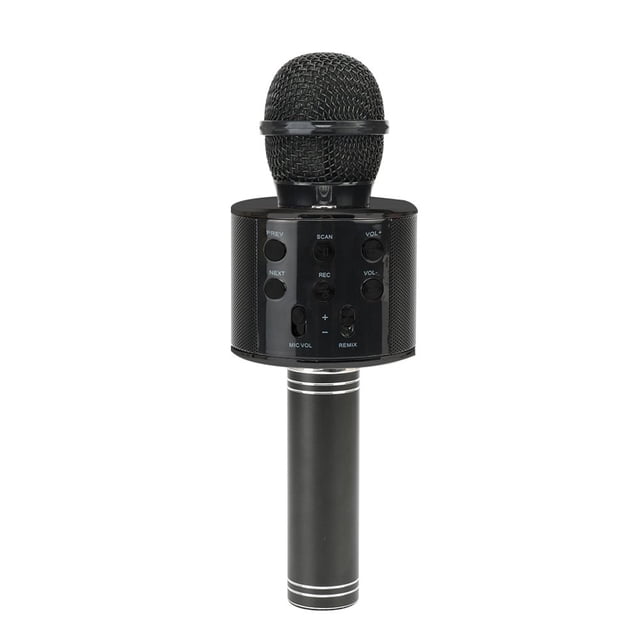 Bluetooth Singing Microphone Wireless Handheld Smartphone Speaker Mic for Home KTV Outdoor Party in black. The microphone features a durable metal construction with a smooth, fine surface for a comfortable grip. It includes integrated controls for volume, playback, and recording, making it versatile for singing, playing, and other uses. Compact and portable, it is suitable for home, office, KTV, or outdoor parties.