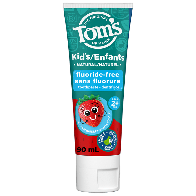 Tom’s of Maine Silly Strawberry Fluoride Free Kids Toothpaste, 90mL tube with teal and red label featuring a smiling cartoon strawberry, natural fluoride-free toothpaste for children ages 2 and up in recyclable packaging.