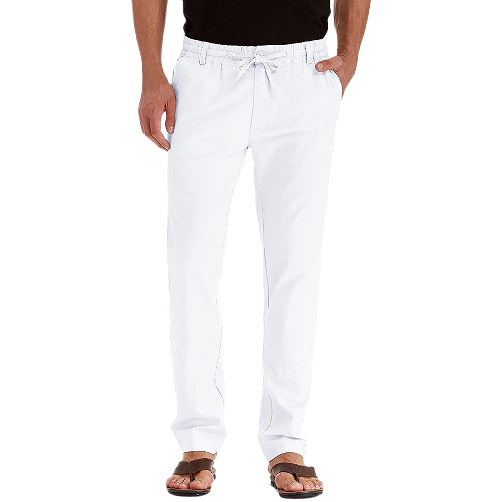 WEIYLL Mens Pants Casual Elastic Waist Adjustable Drawstring White Trousers Size M
