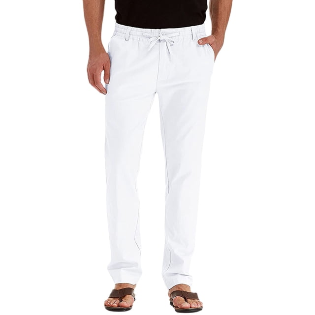 WEIYLL Mens Pants Casual Elastic Waist Adjustable Drawstring White Trousers Size M