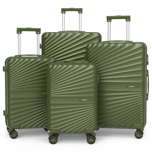 Joyway Ensemble de Bagages Rigides 4 Pcs avec Roues Pivotantes et Cadenas TSA, Ensemble de Bagages Cabine Léger pour l'École, les Voyages, la Fin de Semaine (Vert) Vue avant Centrée de Quatre Valises Rigides Vertes Assorties (18 Pouces, 20 Pouces, 24 Pouces, 28 Pouces) avec Coquilles en ABS Texturées, Cadenas à Combinaison Encastré Approuvé TSA visible, Fermetures Éclair Renforcées, Poignées Télescopique à Trois Marches Réglables en positions Rétractées et Étendues, et Doubles Roues Pivotantes à 360°