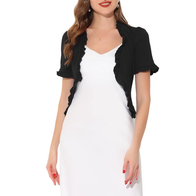 INSPIRE CHIC Cropped Cardigan for Women's Open Front Ruffle Knit Shrugs M Black