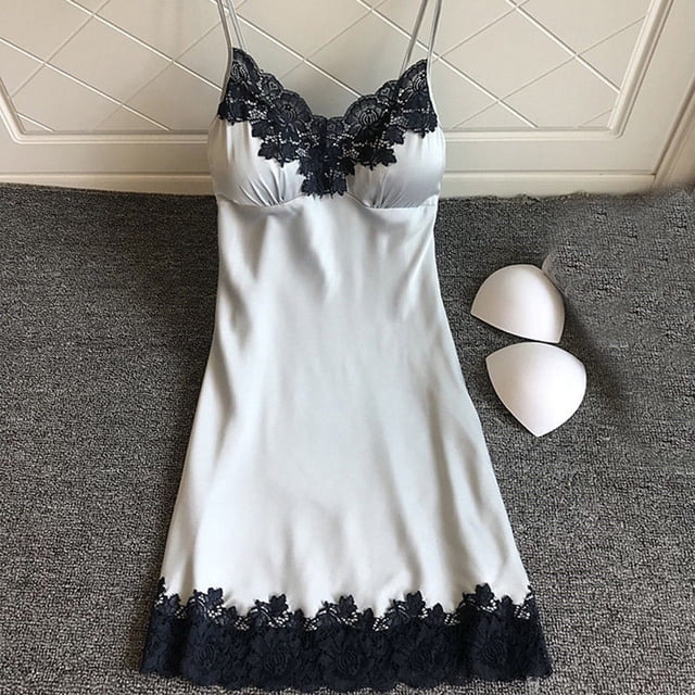 LSLJS Nuisette en Satin pour Femmes Dames Tenue de Nuit Nuisette Lingerie Aguichant avec Coussinets de Poitrine, Robe de Pyjama pour Femmes