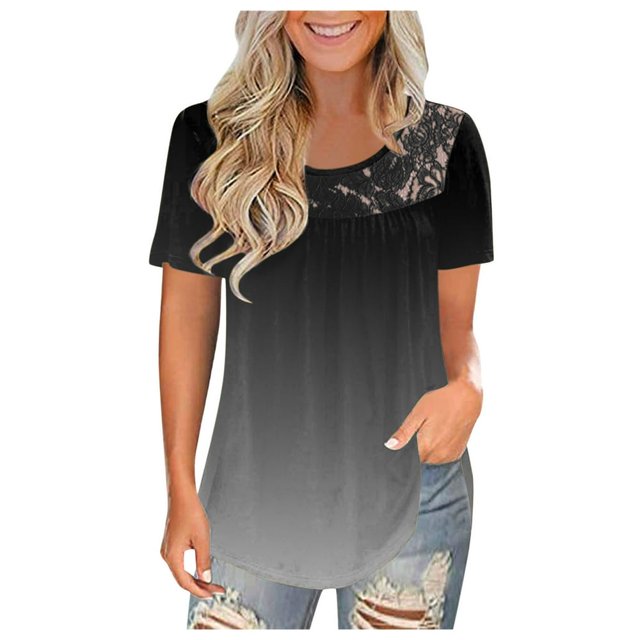 AMERTEER Femmes Mode Dentelle Uni à Empiècements Col Rond Manches Courtes T-Shirt Blouse Hauts T-Shirt pour Femmes