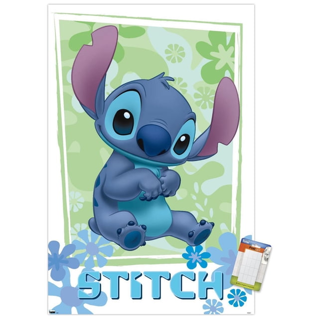 Disney Lilo and Stitch - Affiche Murale de Fleurs, 22,375 Pouces x 34 Pouces Encadrée, Montrant une image Orientée vers l'Avant de Stitch, le Personnage Animé Bleu avec de Grandes Oreilles Violettes et des Yeux Noirs, Assis sur un Fond floral Vert et Bleu Pâle avec des Fleurs Bleues et le Nom « Stitch » en Grandes Lettres Bleues en Dessous, Convient à la Décoration Murale de Chambre Ou de Chambre d'Enfant.