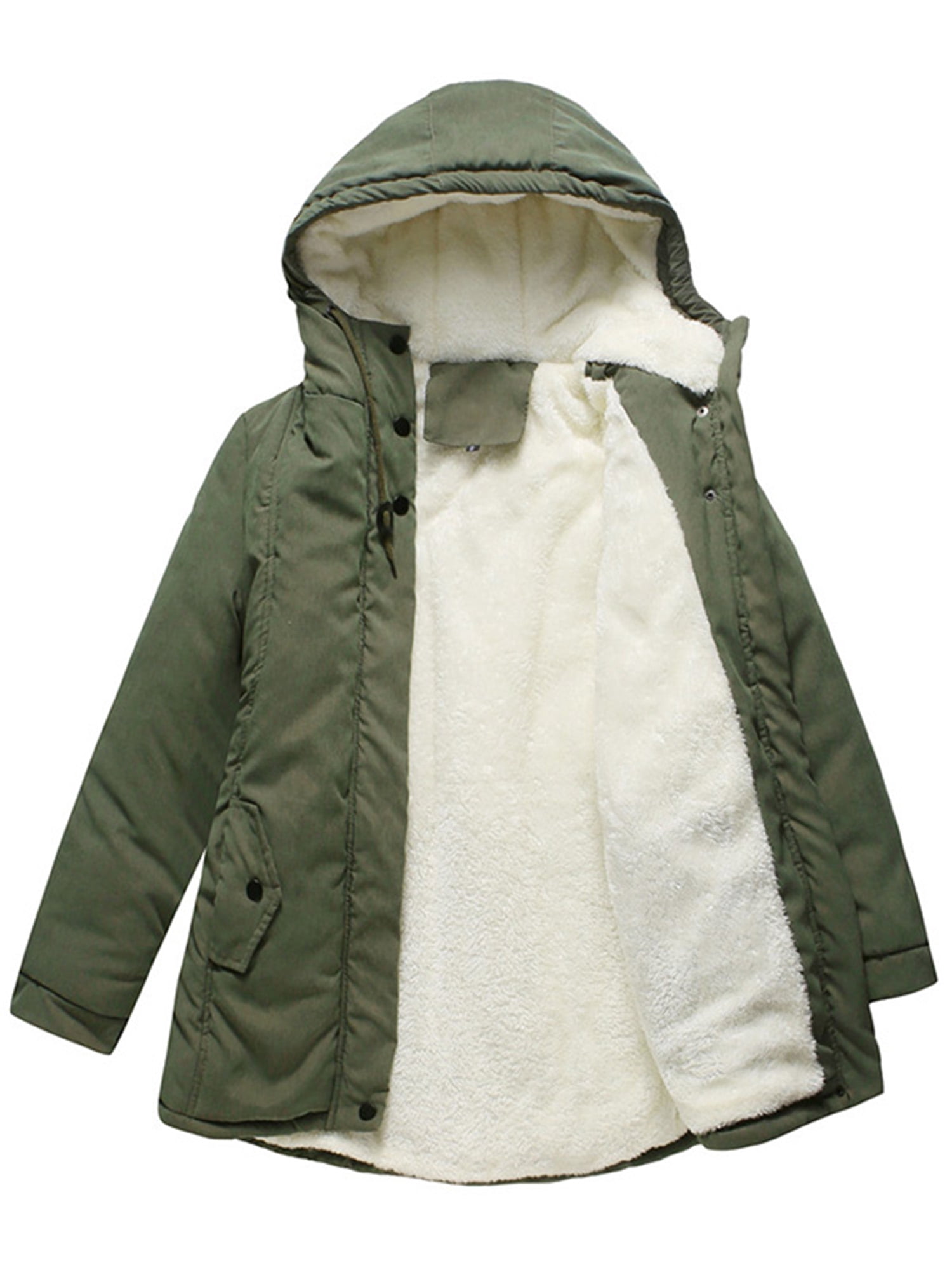 Innerwin Coat Hooded Ladies Outwear Drawstring Long Sleeve Buttons Jacket Army Green XL