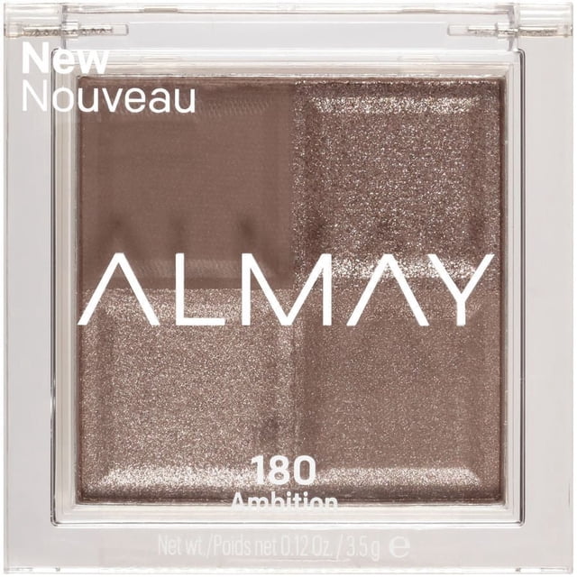 Almay Shadow Squad eyeshadow palette 180 Ambition featuring four pressed powder shades in matte, metallic, satin, and glitter finishes in a clear compact, suitable for creating versatile eye makeup looks from day to night.