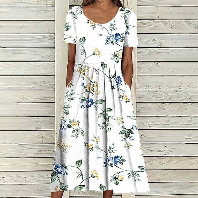Robe Soleil Mode Femmes Décontractée Aguichant Col Rond Imprimée Été Manches Courtes Poches Robe Robes pour Femmes pour Invitée de Mariage Été en Liquidation