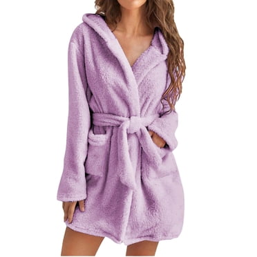 Rbaofujie Ladies Nightgowns Women Soft Color Long Sleeve V-Neck Winter Sashes Pokets Fleece Faux Velvet Sleepwear Dress Nightgowns Robes for Women Bathrobe
