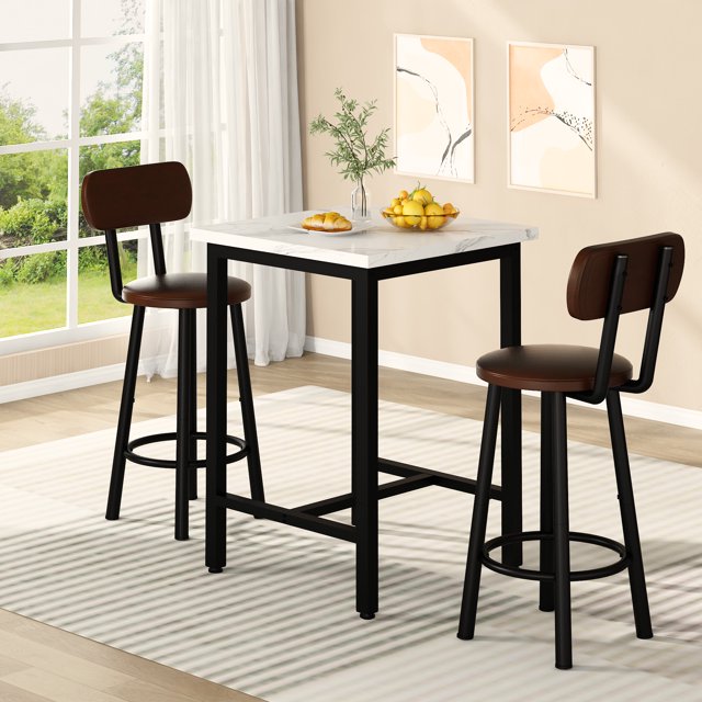 Furlinkhm 3 Piece Pub Dining Set, Modern bar Table and Stools for 2 Kitchen Counter Height Wood Top Bistro Easy Assemble for Breakfast Nook Living Room Small Space Restaurant, White