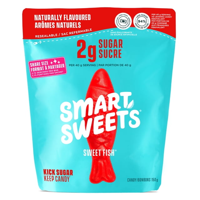 SmartSweets Poissons Sucrés 150 g avec Emballage Refermable Bleu et Rouge Présentant un Poisson Gélifié Rouge, Bonbons Gélifiés à Saveur Naturelle avec 2 g de Sucre par Portion de 40 g, Sans gluten, Sans Soya et Sans Édulcorants Artificiels, Convient aux Collations de Bonbons à Faible Teneur en Sucre.